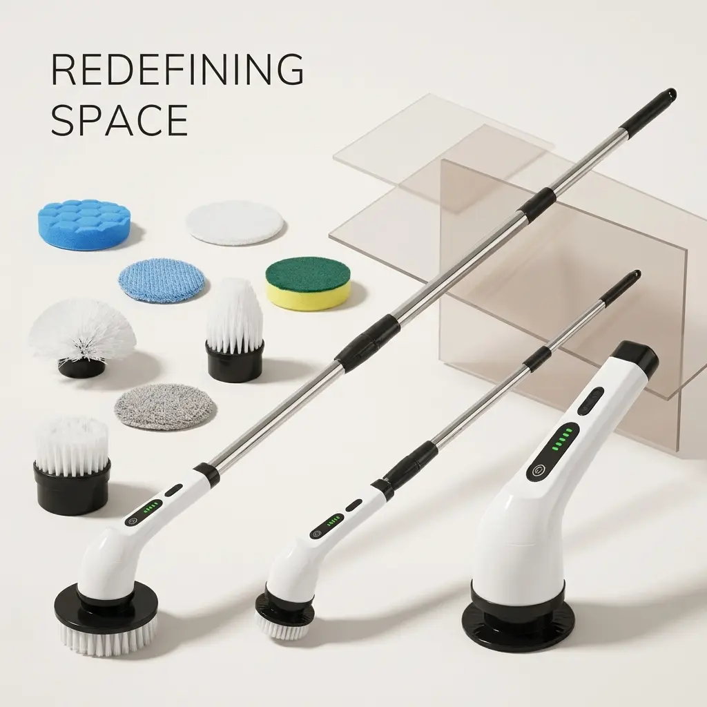 MREGB Cordless Electric Spin Scrubber Wireless Rechargeable Cleaning Brush Set Replaceable Brush Heads Adjustable Extension Handle Long Battery Multi-Surface Rotating Floor Cleaner for Bathroom Shower Tub Kitchen Tile Household