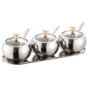 304 Stainless Steel Seasoning Containers Set, Condiment Jar  Container with Lid Spoon and Tray, Sugar Storage Organizers with 3 Serving Spoons