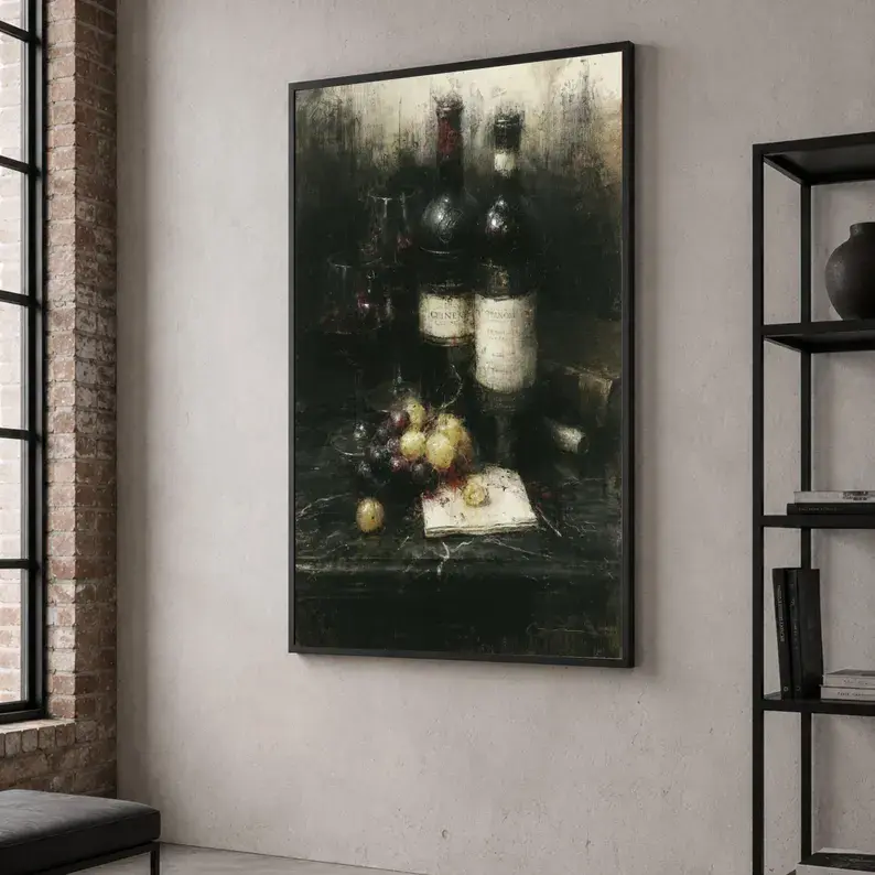 (unframed) Poster Dark Wine Still Life Print, Moody Red Wine and Grapes Art, Vintage Style Kitchen Decor, Oil Painting Reproduction, Bar Wall Art
