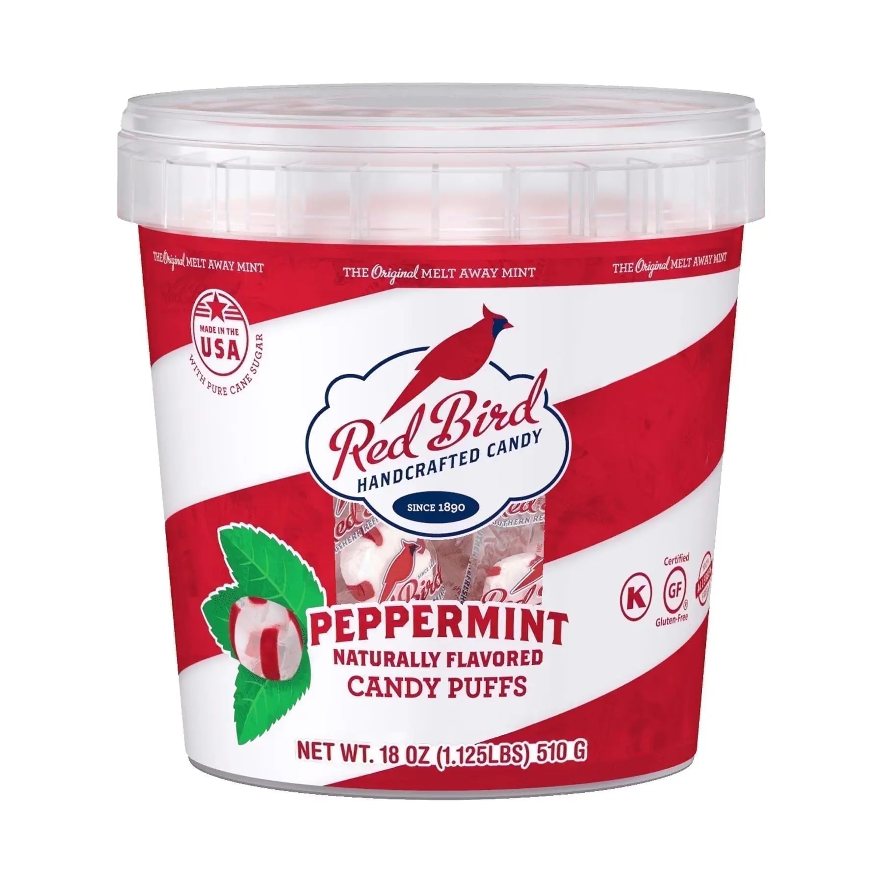 Red Bird Peppermint Candy Puffs, The Original Melt Away Mint, Naturally Flavored, Made with Pure Cane Sugar, Gluten Free, Made in USA, 18 oz Tub
