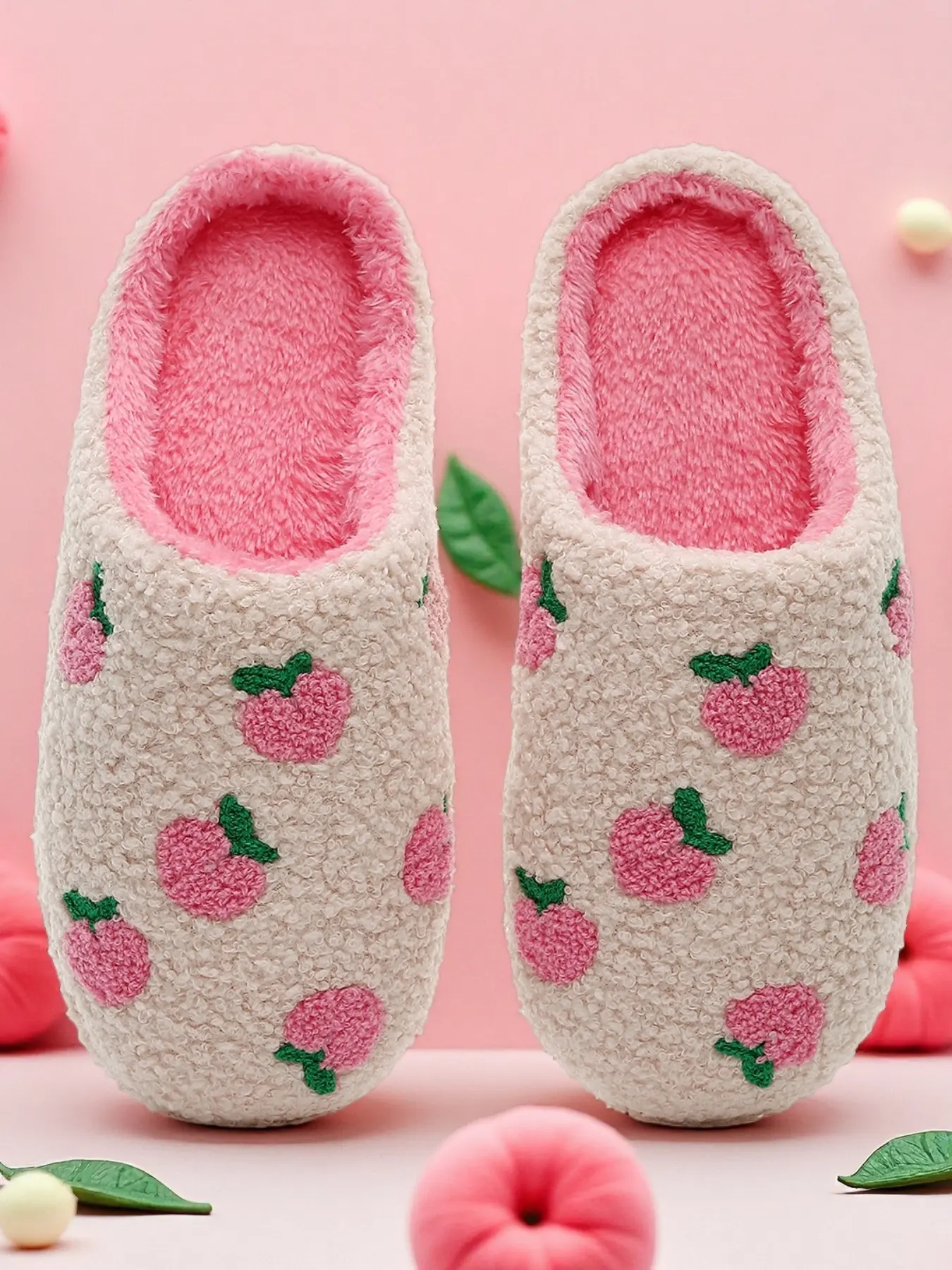 Women's Cute Peach Pattern Plush Slippers, Casual Soft Comfortable Home Slippers, Warm House Slippers For Indoor & Outdoor Use For Fall & Winter, Footwear