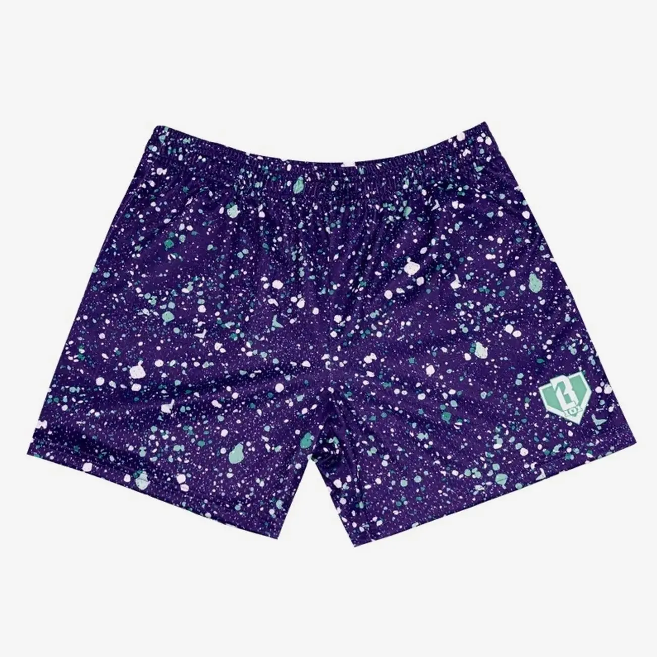 Retro 90s Paint Splatter Mesh Shorts, Dark Purple And Teal Speckled Youth Short, Teen Boys Basketball Performance Bottoms
