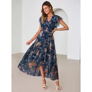 Simplee V-Neck Mesh Floral Dress | Elegant Wedding Guest Outfit | Summer Vacation Flowy Split Dress