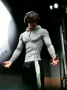 Men's European Style Hooded Fitness Long Sleeve, Mesh Patch Half-Zip Design, High Elasticity Quick-Dry Breathable Compress Fabric, Slim Fit Muscle Show Shape