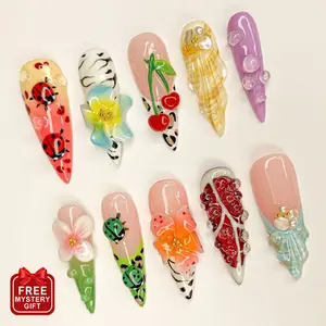 S61 Whimsical Garden Press-On Nails, 3D Ladybug & Cherry Accents, Bow & Floral Charms, Playful Color Mix, Custom Press-On Nail, Solana Nails Town