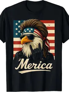 Eagle Merica Rock American Flag Patriotic Humorous 4Th of July T-Shirt 2026 Summer Unisex Short Sleeve Breathable Print Tee