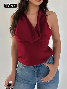 Women's Solid Color Chic Fitted Halter Neck Satin Tank Top, Casual Sleeveless Top for Summer, Women's Clothing for Daily Wear