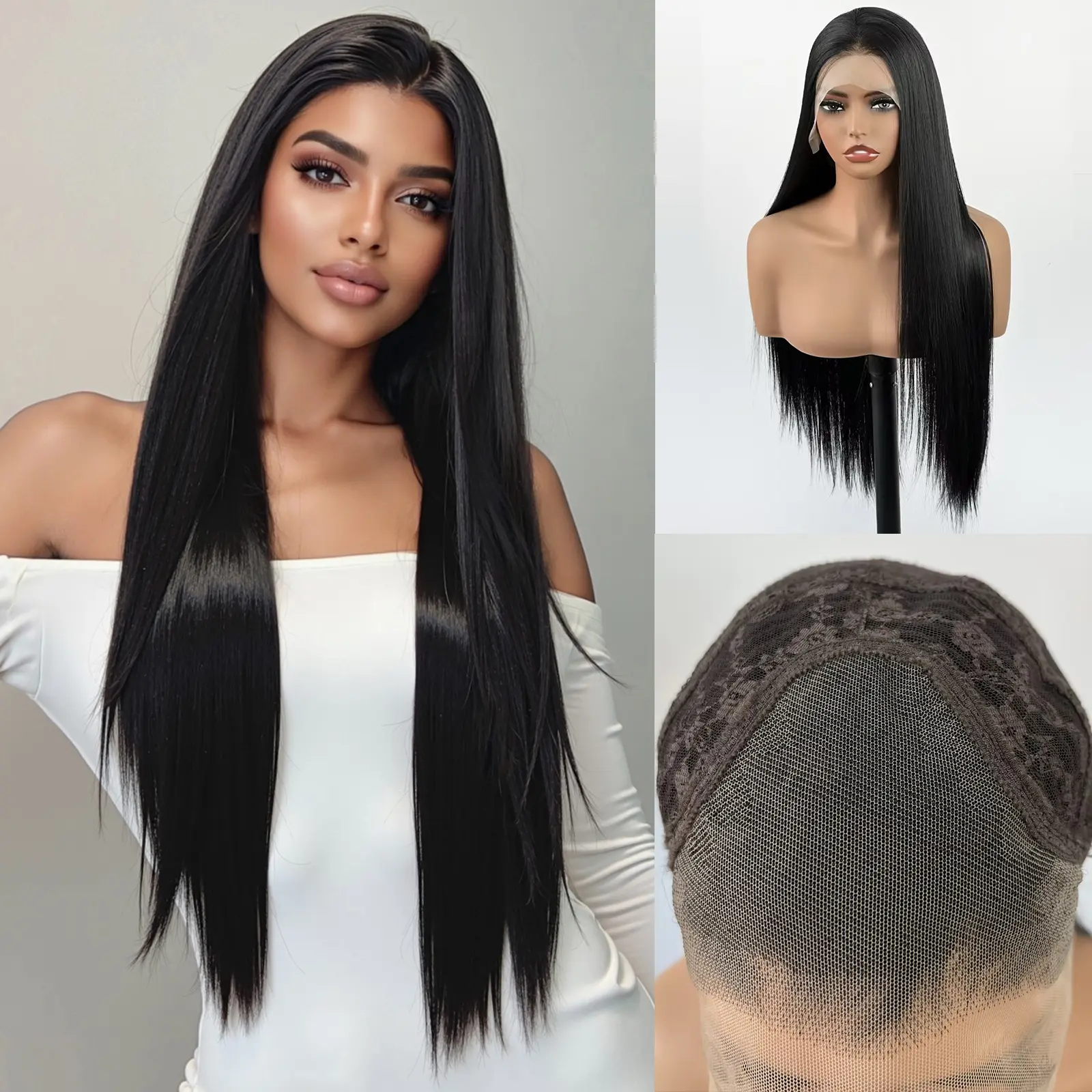 24-inch Straight Black Lace Front Wig, Hand-Hooked 13x4 HD Lace, Heat Resistant Synthetic Hair for Female Cosplay