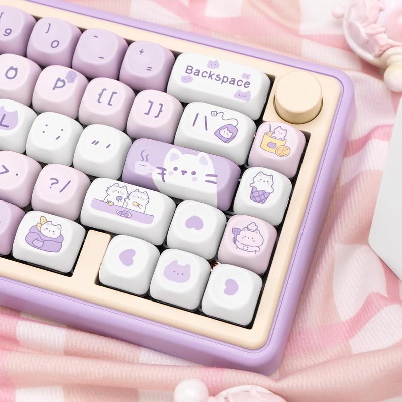COOMICKEY PBT Keycaps MOA Profile 132 Keys Dye Sublimation Purple Cute Cat Customized Set for ANSI Cherry MX Switches Mechanical Keyboards with Keycap Puller