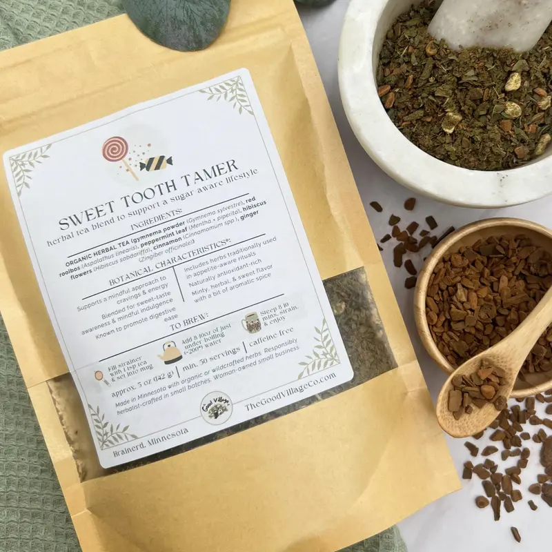 Sweet Tooth Tamer: Loose-Leaf Herbal Tea Blend to Support a Sugar-Aware Lifestyle (Caffeine-Free) Traditional Beverage for Sugar Cravings & Appetite, Blood Sugar Balance, Stress & Digestion with Gymnema, Cinnamon, Rooibos, Ginger, Hibiscus, & Peppermint