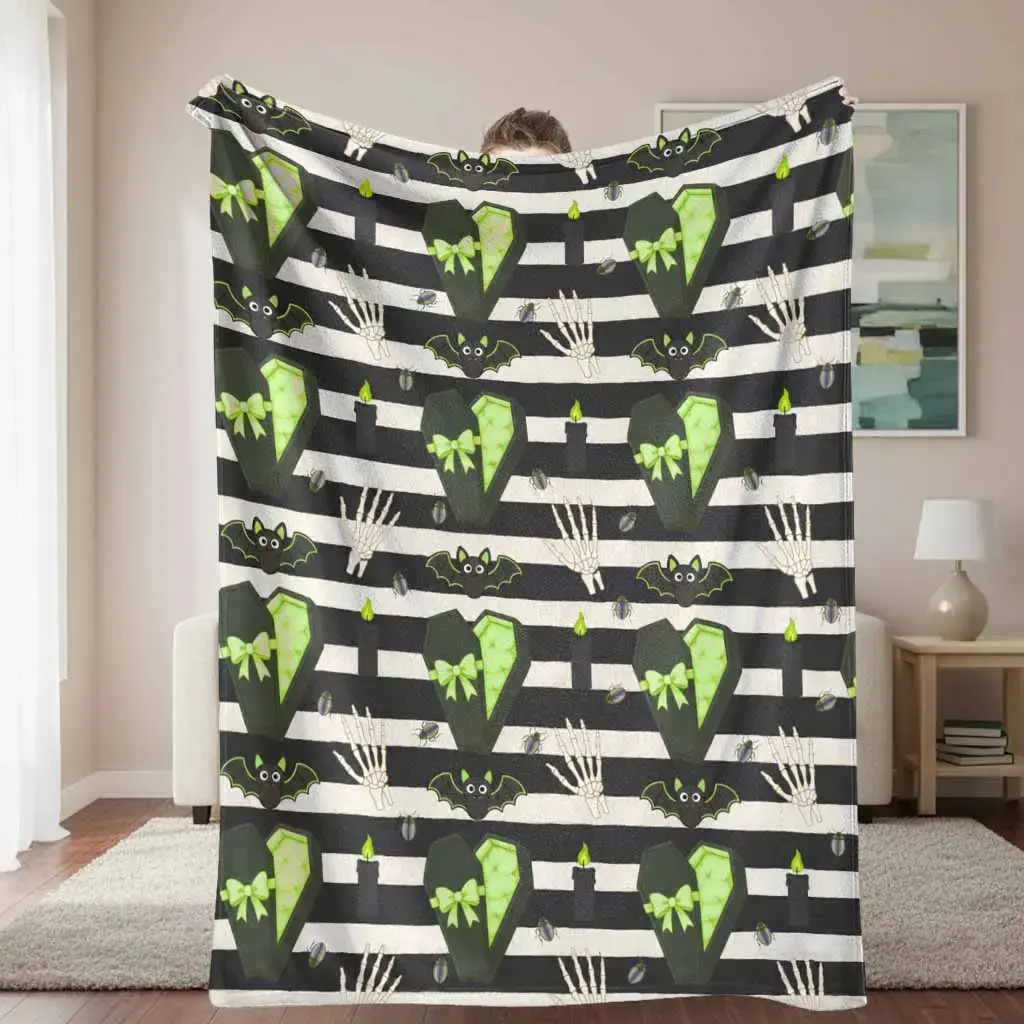Black and white striped gothic coffin bat skeleton hand candle flanela blanket, soft, fuzzy, lightweight, warm throw, for Halloween party, home sofa decor, winter camping, holiday gift
