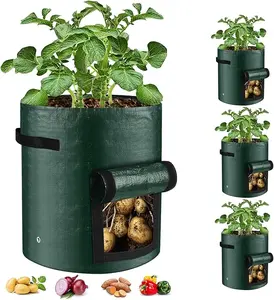 7 Gallon 3Pcs Potato Grow Bags, Heavy Duty PE Fabric Pots with Flap and Handles, Green Planter Bags for Potato Vegetables Outdoor Garden