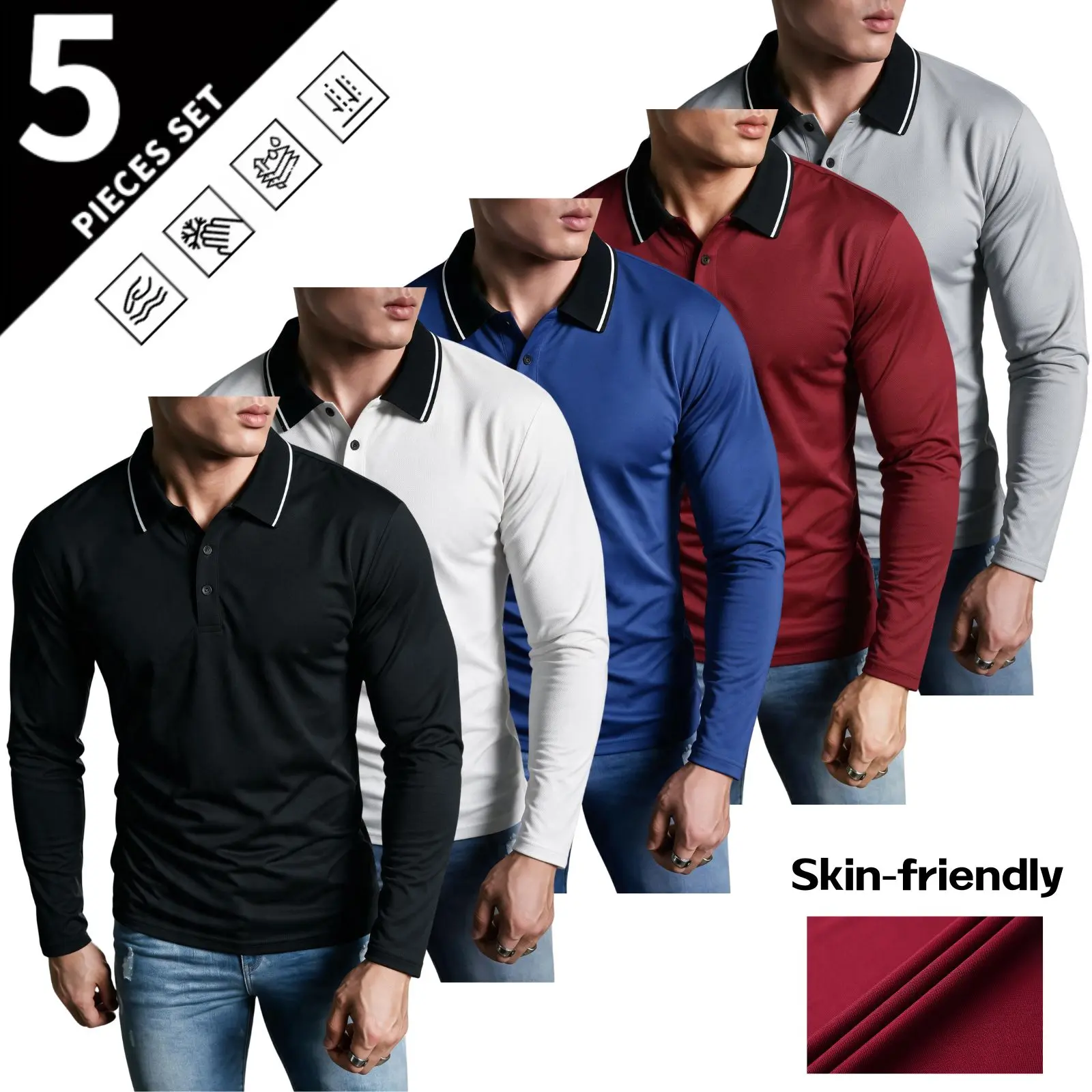 Men's 5-Pack Stylish Color-Blocked Turn-Down Collar Long-Sleeve Polyester Polo Shirts, Plain Slim-Fit Menswear Everyday Tops, Casual Chic