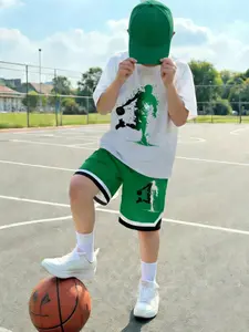 Boys' Summer Basketball Sports Set, Stylish Short Sleeve and Athletic Shorts Two-Piece, Casual Fitted All-Over Print Suit for All Seasons