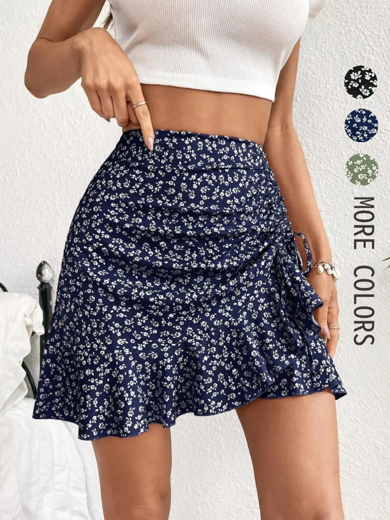Summer Vacation Women's Adjustable Drawstring Skirt, Flattering Fitted High Waist Ditsy Floral Design, Casual Boho Ruffle Skirt, Perfect for Festivals and Outings, Boho Beach Skirt