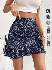 Summer Vacation Women’s Adjustable Drawstring Fitted Skirt, Flattering High Waist Ditsy Floral Design, Perfect for Festivals and Outings
