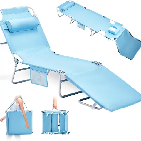 VINGLI Outdoor Chaise Lounge Chair for Adults, Adjustable Height Sunbathing Lounger for Beach, Sturdy with Anti-Tip Lock, Anti-Reverse Design, Cup Holder Ready, Removable Storage Bag, Cool Ice Silk Padding, Eliminates Wobbling, 475lbs Capacity, Face Hole