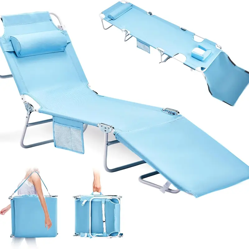 VINGLI Outdoor Chaise Lounge Chair for Adults, Adjustable Height Sunbathing Lounger for Beach, Sturdy with Anti-Tip Lock, Anti-Reverse Design, Cup Holder Ready, Removable Storage Bag, Cool Ice Silk Padding, Eliminates Wobbling, 475lbs Capacity, Face Hole