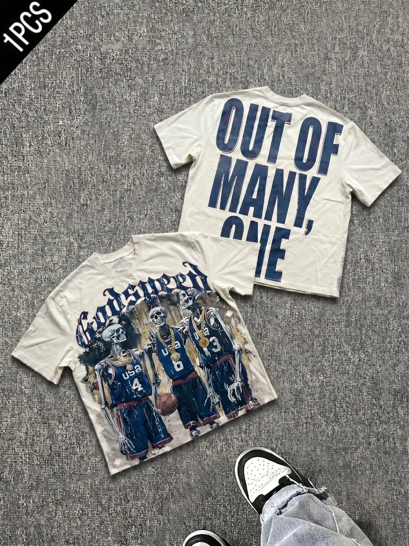 American High Street Skull Basketball Team Print T-Shirt, Vintage Distressed Loose Fit Casual Top, Short Sleeve Fashion Tee, Menswear