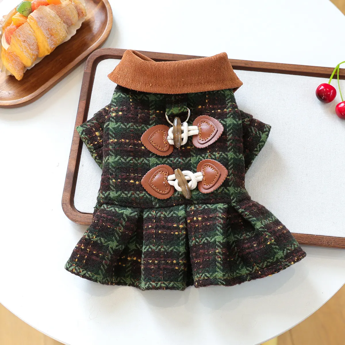 Brown Collar Dog Coat with Button Details, Plaid Winter Pet Jacket for Small Dogs & Cats, Trendy Designer Outfit for Cold Days