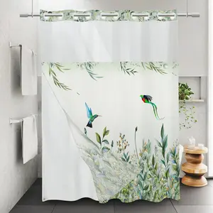 Bird & Flower Pattern Shower Curtain, Pastel Waterproof Hook Free Shower Curtain Design, Bathroom Accessory, Bathroom Decoration Accessories, Summer Essentials, Bathroom Supplies for Home Decor, Bathroom Gadgets 2024, Restroom Bathroom Accessories