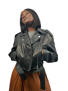 New Women Retro Faux Soft Leather Jacket Coat Turndown Collar Belted PU Moto Biker Black Punk Outerwear *LooKo