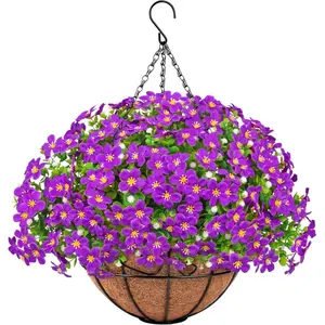 Artificial hanging plant flower baskets for outdoor decorations in spring and summer False flowers UV-resistant with hanging flower pots For front porch yard garden yard home decoration, purple Hanging Planters