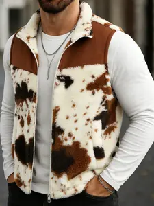 Unisex Fashionable Cow Print Lamb Fur Vest, Western Streetwear, Warm Thermal Design, Block, Zipper Front, Casual Outerwear