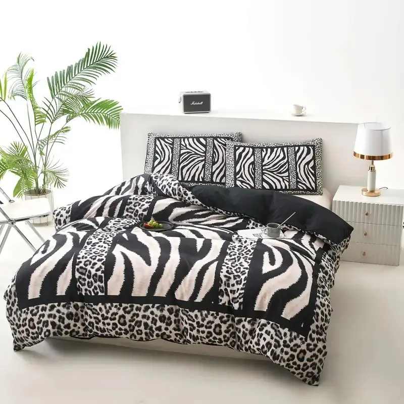 3pcs Zebra Stripe Print Duvet Set, Soft Polyester Fabric, Zipper Design, Modern Style Bedding Essentials, Bedroom Must-Have