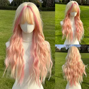 SMILCO 28Inch Highlight Platinum Synthetic Wig SM559 with Pink Long Wave and Curtain Bangs for Versatile Style