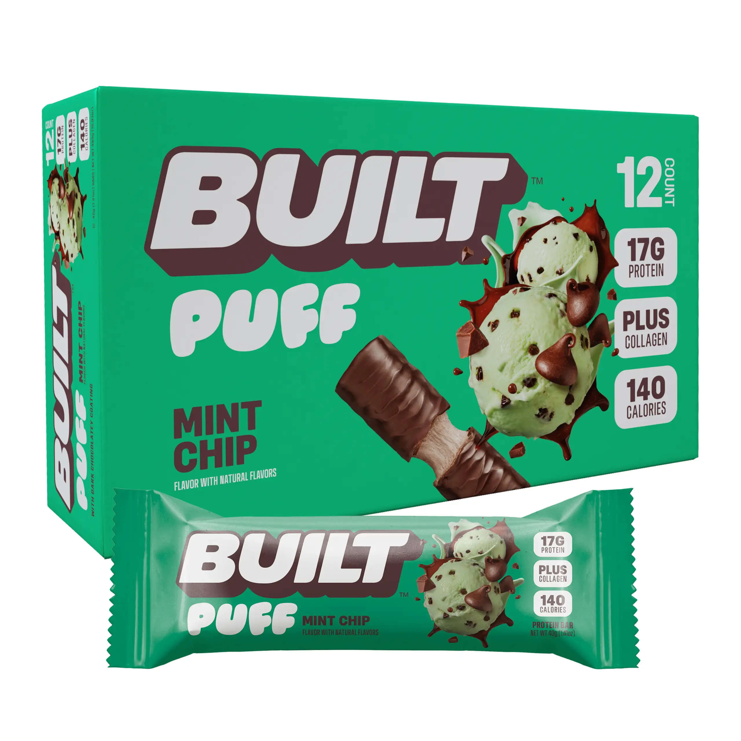 BUILT Bar, Puff Protein Bar, Mint Chip, Protein Packed Snack, Collagen, Gluten Free, 140 calories, 12 Count Box