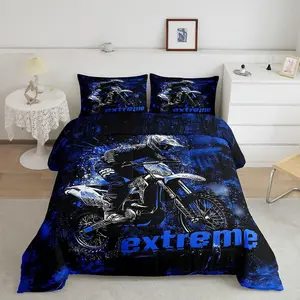 Dirt Bike Comforter Set Kids Extreme Sports Bedding Set for Boys Girls Teens Adults,Racing Motocross Rider Duvet Quilt Breathable Soft Lightweight Room Decor Blue