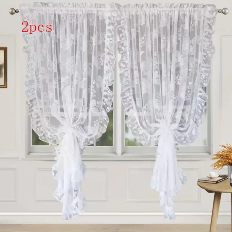 2pcs vFrench Butterfly Floral Embroidered Lace Curtains, Ruffle Trim, Princess Style, Sheer Fabric, Ideal for Living Room Bedroom Door