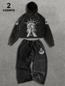 Men's Retro Liberty Statue Print Hoodie, Casual Comfortable Fitted Pullover, Spring & Fall Fashion
