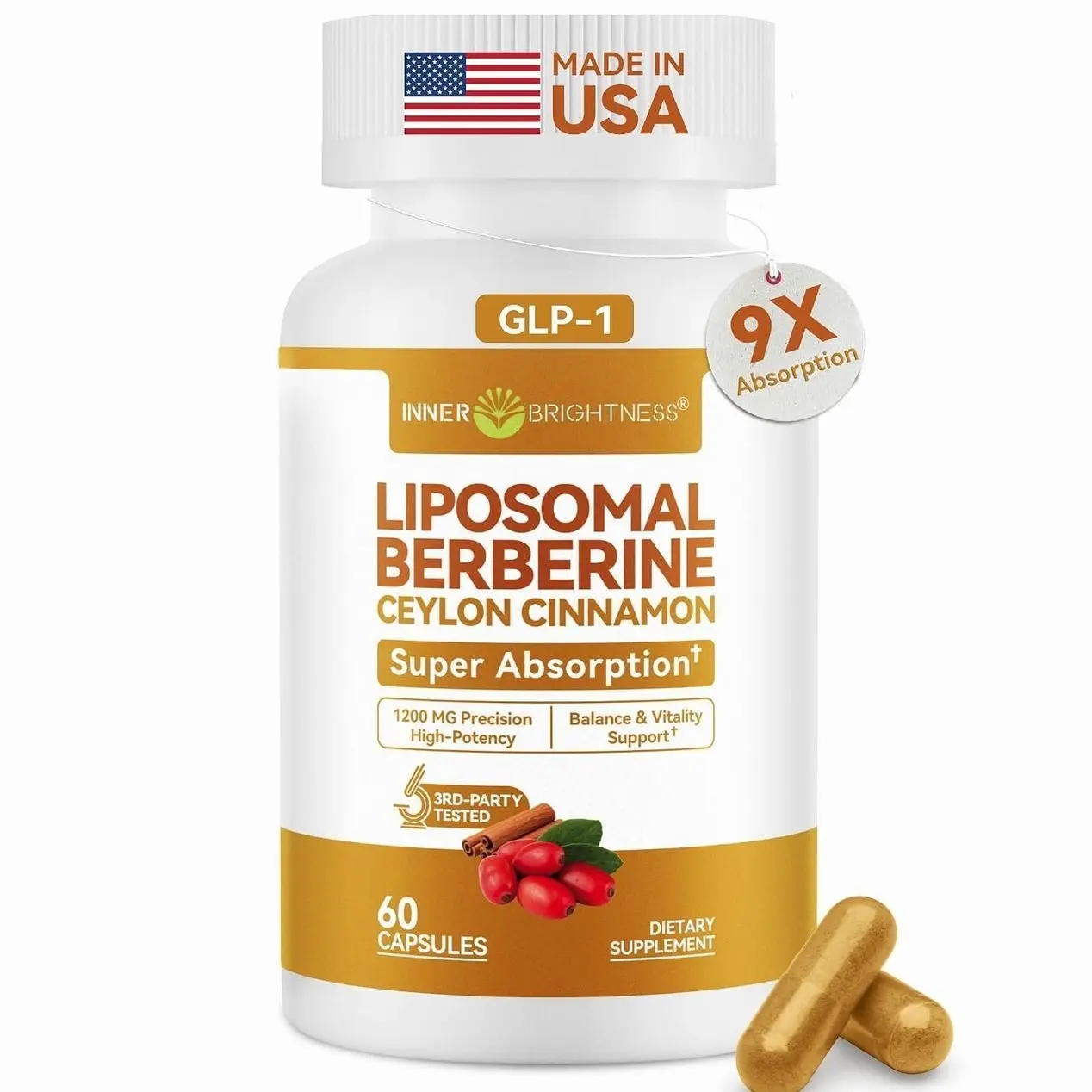 Liposomal Berberine with Ceylon Cinnamon 1200MG - GLP-1 Friendly, High-Absorption Berberine Supplement, Natural Body Balance Support - Non-GMO, 60 Veg Capsules, Made in USA, Lab Tested
