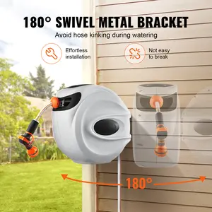 Retractable Hose Reel Water Hose Reel Swivel Wall-Mounted,Garden Water Hose Reel With 9-Pattern Nozzle,Automatic Rewind, Lock At Any Length, With Slow Return System