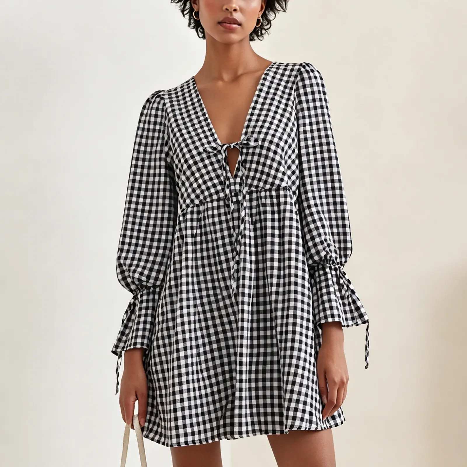 Summer V Neck Plaid Mini Dress Women Short Sleeve Casual Daily Party Dress