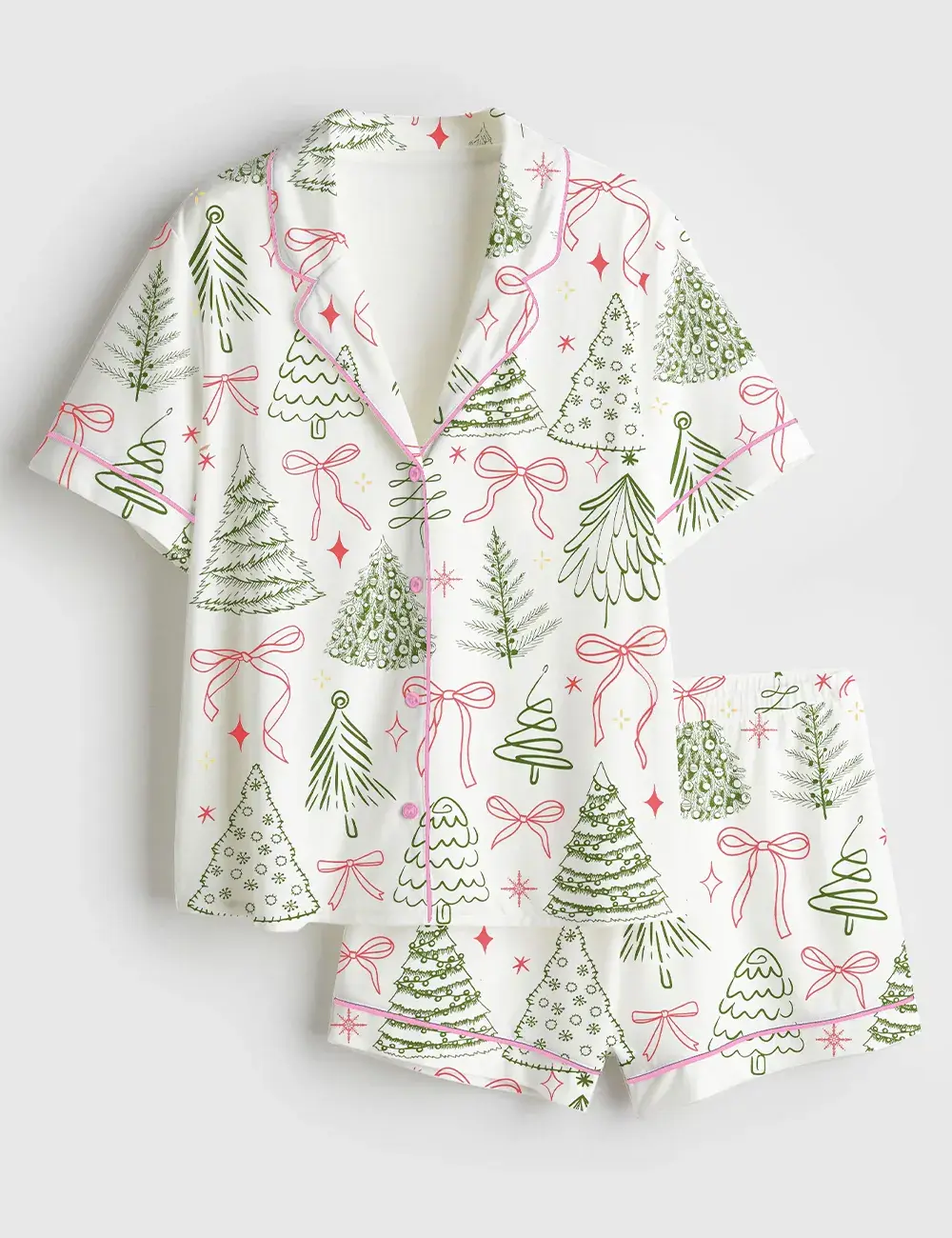 Preppy Christmas Tree Vintage Coquette Bow Short and Long Sleeve Pajama Set, Sleepwear for Women