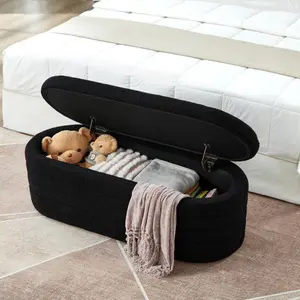 【Bellemave】Modern Oval Storage Ottoman Bench, Upholstered Boucle Teddy Fabric End of Bed Bench with Storage, End of Bed Stool with Safety Hinge for Bedroom, Living Room, Entryway, Black
