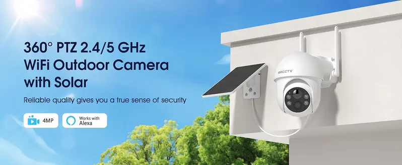 ARCCTV APP-Enabled Wireless Outdoor Solar Security Cameras (2 Pack), 2K 360° PTZ Adjustable Camera, 2.4G 5G WiFi, Automatic Night Vision with Spotlight, 2-Way Audio, PIR Motion Sensor, Easy Installation, Stable Connection, Rechargeable Charging Support