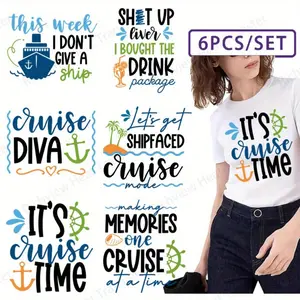 6-Piece Cruise Theme Iron-On Transfer Stickers Set - Vibrant nautical designs featuring the phrase "This week I'm not buying a cruise, I'm buying a boat", DIY washable heat transfer patches for T-shirt and fabric decoration.