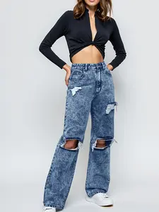 Wide Leg Ripped Jeans - Comfortable Soft Breathable Casual Denim Women's Clothing with Distressed Details