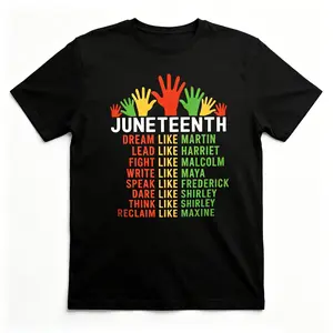 Women's And Men's Black Juneteenth T-Shirt - 100% Cotton, Short Sleeve, Crew Neck, Featuring African Historical Figures (, Malcolm, Maya, Garvey) - Casual Juneteenth Celebration Apparel, Regular Fit Unisex T-Shirt