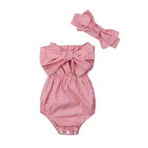 Infant Newborn Baby Girl Summer Outfits Bow Romper Tube Top Sleeveless Striped Jumpsuit Headband Fall Clothes Sets