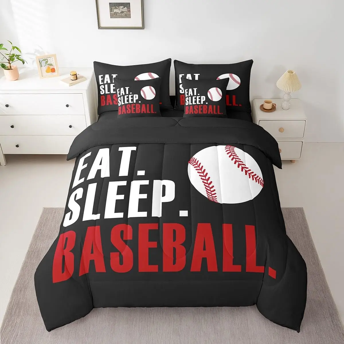 Feelyou 7-Piece Baseball Bedding Set - Soft Blanket with Letter Print, Sheets Included, Black Sports Themed Bed-in-a-Bag for Boys, Bedroom Blanket, Bed Set With Baseball Design