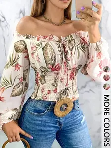 Elegant Women's Floral Print Off-Shoulder Long Sleeve Top, Holiday Style Boho Bohemian Slim Fit Fitted Blouse, Casual Chic Top, Shirts, Fashionable Ladies' Casual Wear, Womenswear