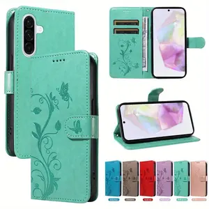 Floral Pattern Flower PU Leather Flip Phone Case with Card Slot, Shockproof Phone Protective Cover, Protector, Phone Accessory Compatible with Samsung Galaxy A04S A05S A06 A13 A14 A15 A16 A24 A25 A26 A34 A35 A36 A52 A53 A54 A55 A56, Light Green