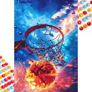 5D DIY Full-Diamond Round Diamond Painting - Diamond Painting Kit Basketball Fire Mosaic Canvas DIY Wall Art, Home Wall Decoration Handicraft Handcraft