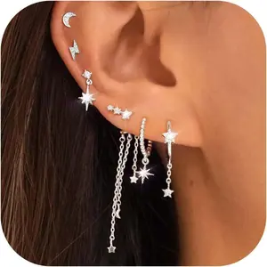 6 Pcs/6 Pairs Hypoallergenic 925 Sterling Silver Stud Post 14K Gold Earrings for Women Moon Star Hoop Stackable Cubic Zirconia Chain Dangle Earring Set Stacks for Multiple Piercings