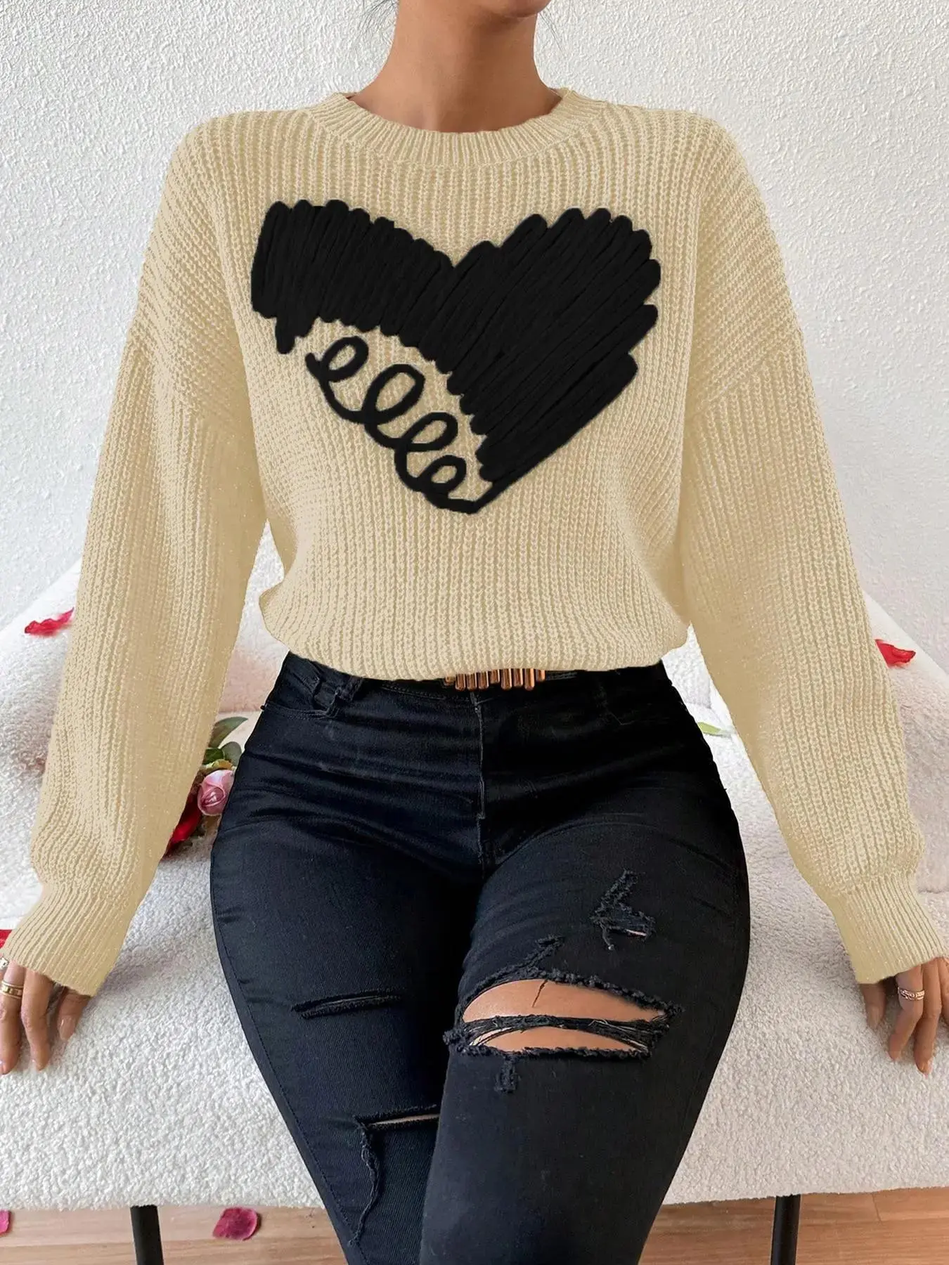 Graceful Heart Pattern Drop Shoulder Sweater, Casual Long Sleeve Round Neck Jumper for Fall & Winter, Fashion Ladies' Knitwear for Daily Wear, textured elegance, cozy refinement, knit sophistication